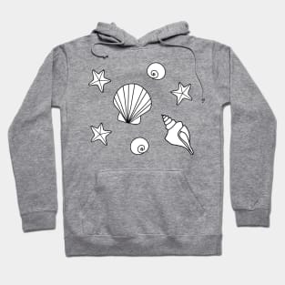 White Cartoon Seashells and Starfish Pattern on a Lavender Backdrop, made by EndlessEmporium Hoodie